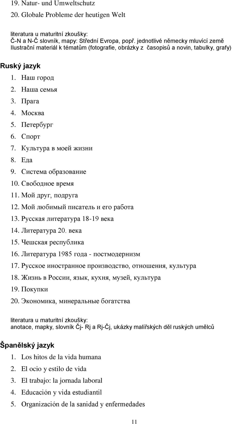 Спорт 7. Культура в моей жизни 8. Еда 9. Система образование 10. Свободное время 11. Мой друг, подруга 12. Мой любимый писатель и его работа 13. Русская литература 18-19 века 14. Литература 20.