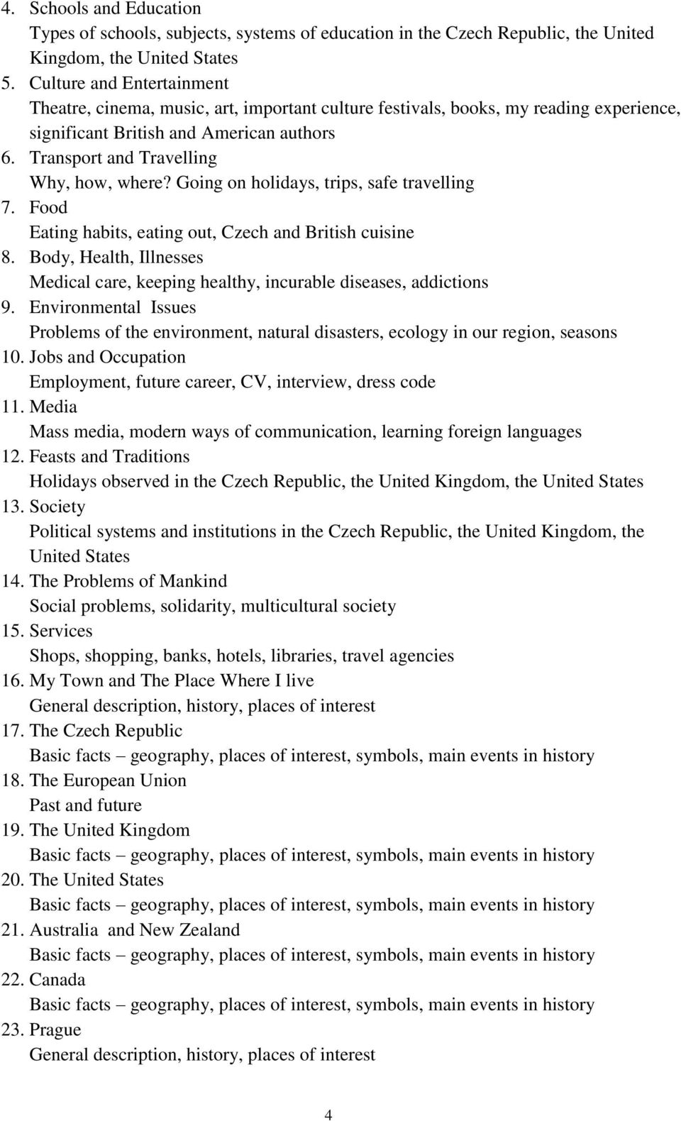 Going on holidays, trips, safe travelling 7. Food Eating habits, eating out, Czech and British cuisine 8. Body, Health, Illnesses Medical care, keeping healthy, incurable diseases, addictions 9.