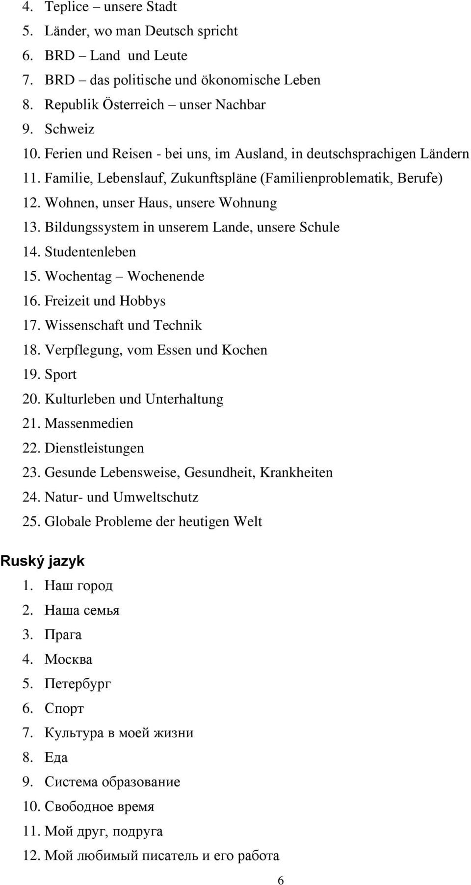 Bildungssystem in unserem Lande, unsere Schule 14. Studentenleben 15. Wochentag Wochenende 16. Freizeit und Hobbys 17. Wissenschaft und Technik 18. Verpflegung, vom Essen und Kochen 19. Sport 20.