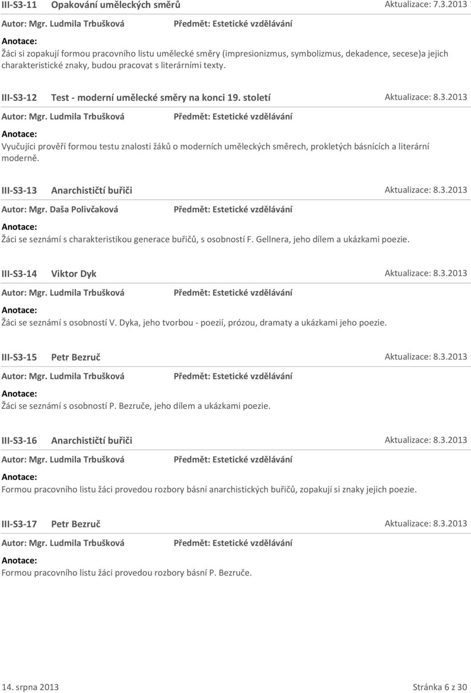 s literárními texty. III-S3-12 Test - moderní umělecké směry na konci 19. století Aktualizace: 8.3.2013 Autor: Mgr.