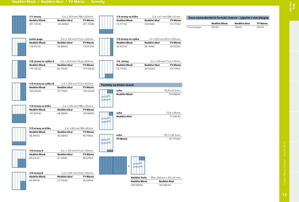 TV Mánie 1 mm/sloupec 223 Kč 103 Kč 223 Kč junior page 3 sl. x 152 mm/111,6 x 152 mm Nedělní Blesk Nedělní Aha! TV Mánie 118 012 Kč 54 508 Kč 118 012 Kč 1/5 strany na výšku 1 sl.