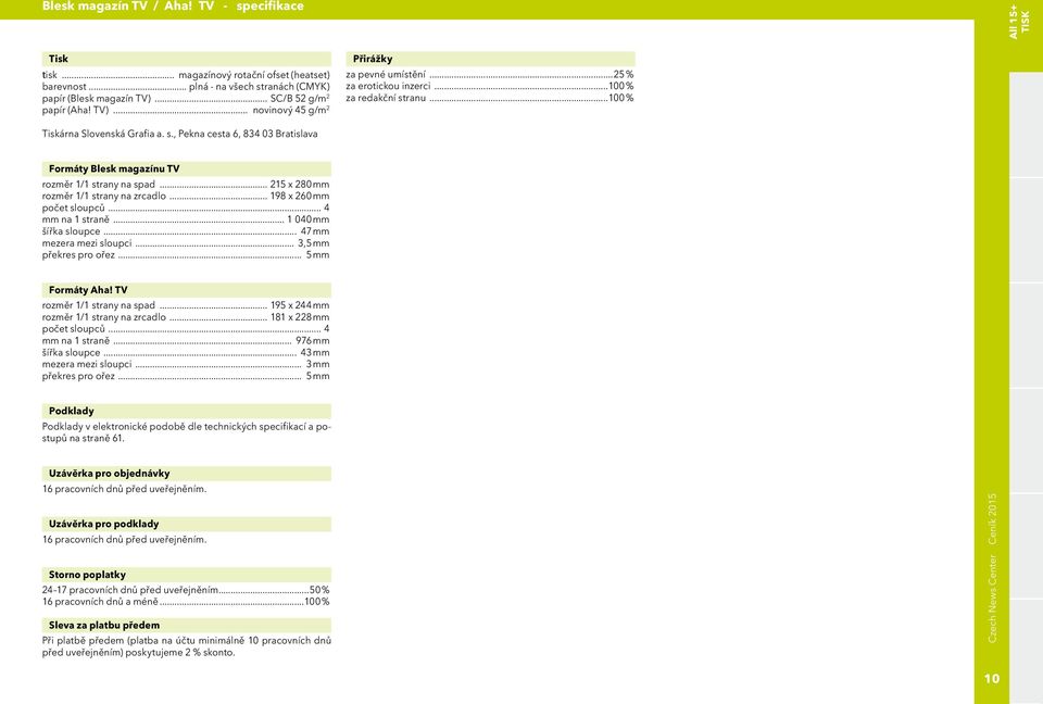 ranu...100 % Tiskárna Slovenská Grafia a. s., Pekna cesta 6, 834 03 Bratislava Formáty Blesk magazínu TV rozměr 1/1 strany na spad... 215 x 280 mm rozměr 1/1 strany na zrcadlo.
