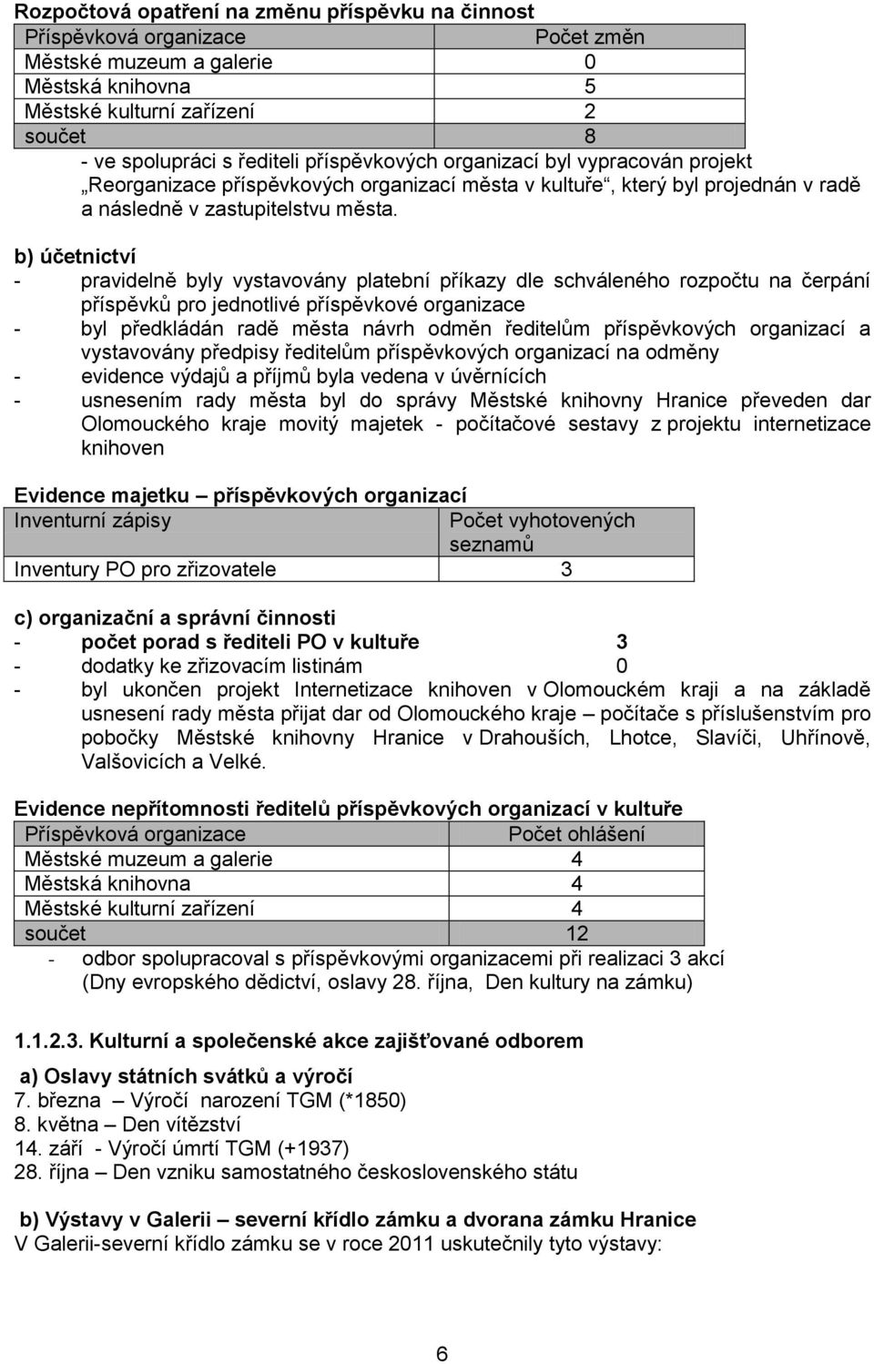 b) účetnictví - pravidelně byly vystavovány platební příkazy dle schváleného rozpočtu na čerpání příspěvků pro jednotlivé příspěvkové organizace - byl předkládán radě města návrh odměn ředitelům