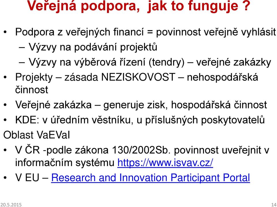 veřejné zakázky Projekty zásada NEZISKOVOST nehospodářská činnost Veřejné zakázka generuje zisk, hospodářská činnost KDE: