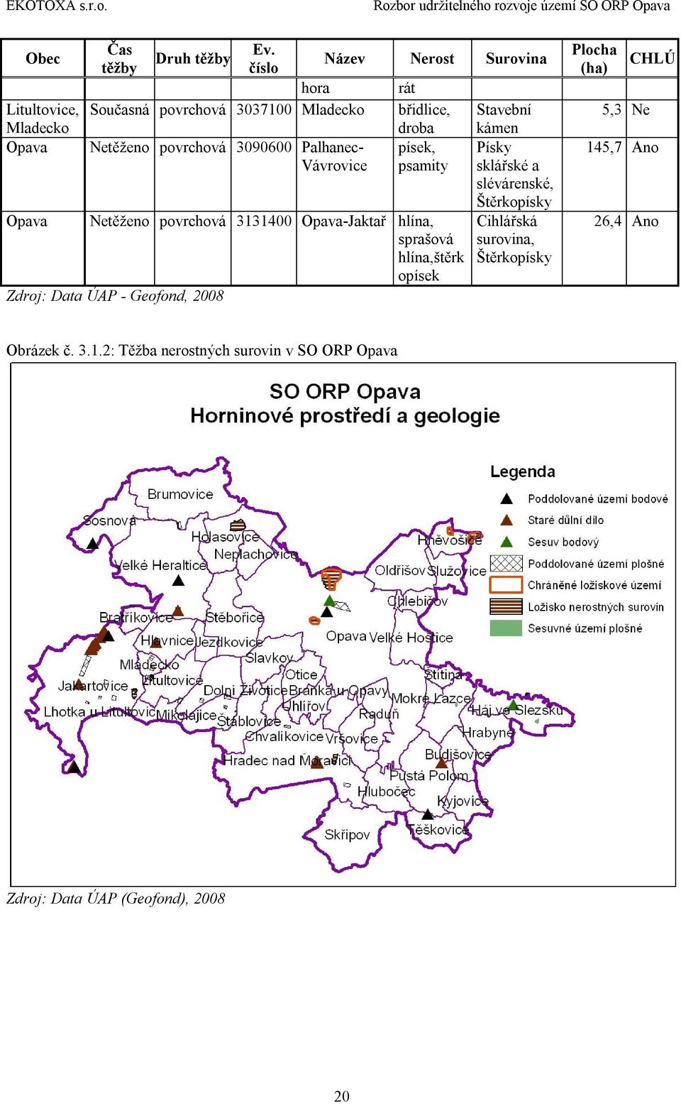 písek, psamity Netěženo povrchová 3131400 Opava-Jaktař hlína, sprašová hlína,štěrk opísek Zdroj: Data ÚAP - Geofond, 2008 Stavební kámen