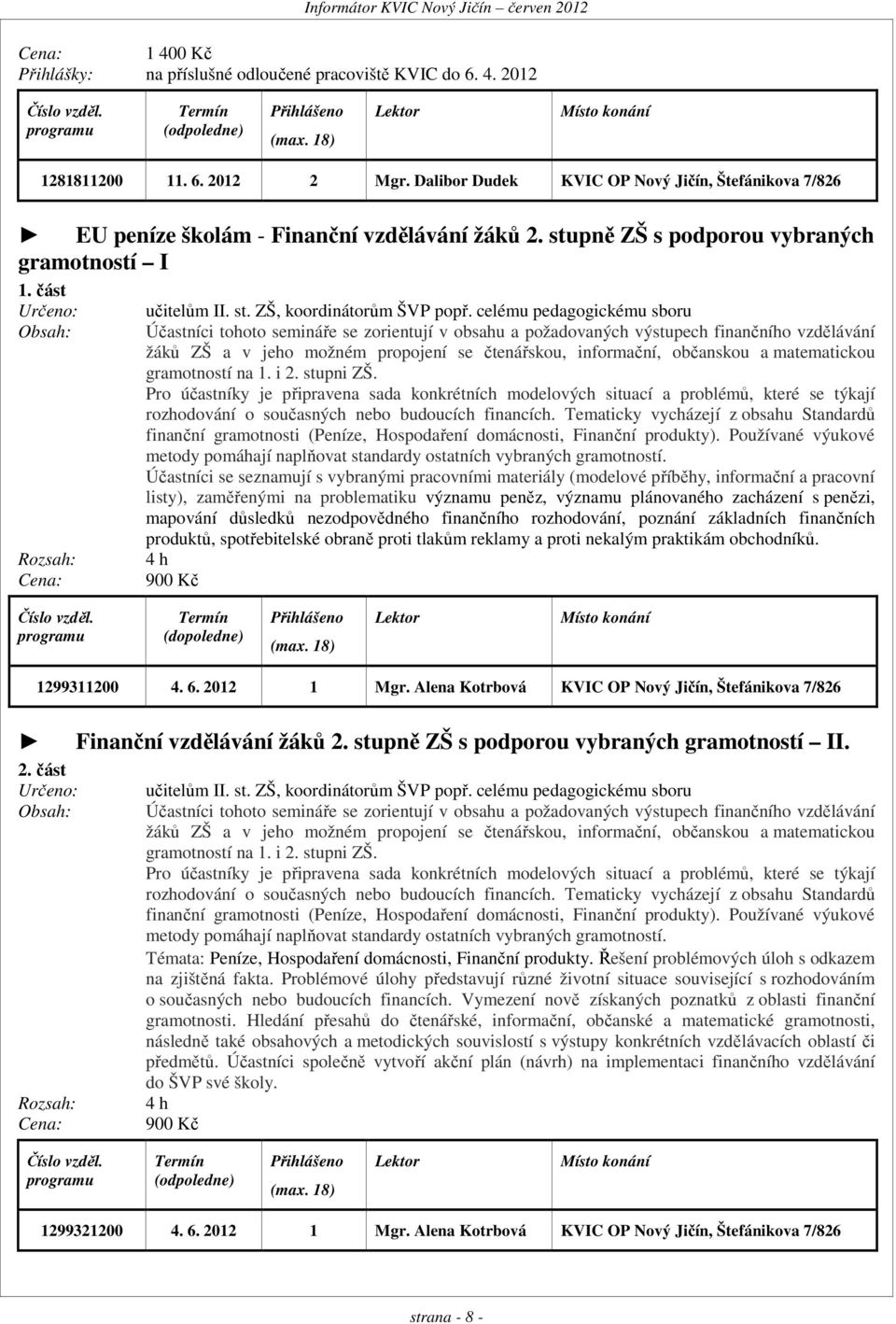 celému pedagogickému sboru Účastníci tohoto semináře se zorientují v obsahu a požadovaných výstupech finančního vzdělávání žáků ZŠ a v jeho možném propojení se čtenářskou, informační, občanskou a