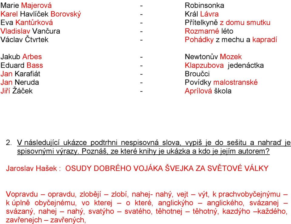 V následující ukázce podtrhni nespisovná slova, vypiš je do sešitu a nahraď je spisovnými výrazy. Poznáš, ze které knihy je ukázka a kdo je jejím autorem?