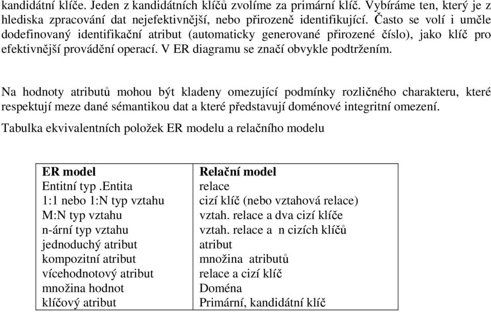 Na hodnoty atributů mohou být kladeny omezující podmínky rozličného charakteru, které respektují meze dané sémantikou dat a které představují doménové integritní omezení.