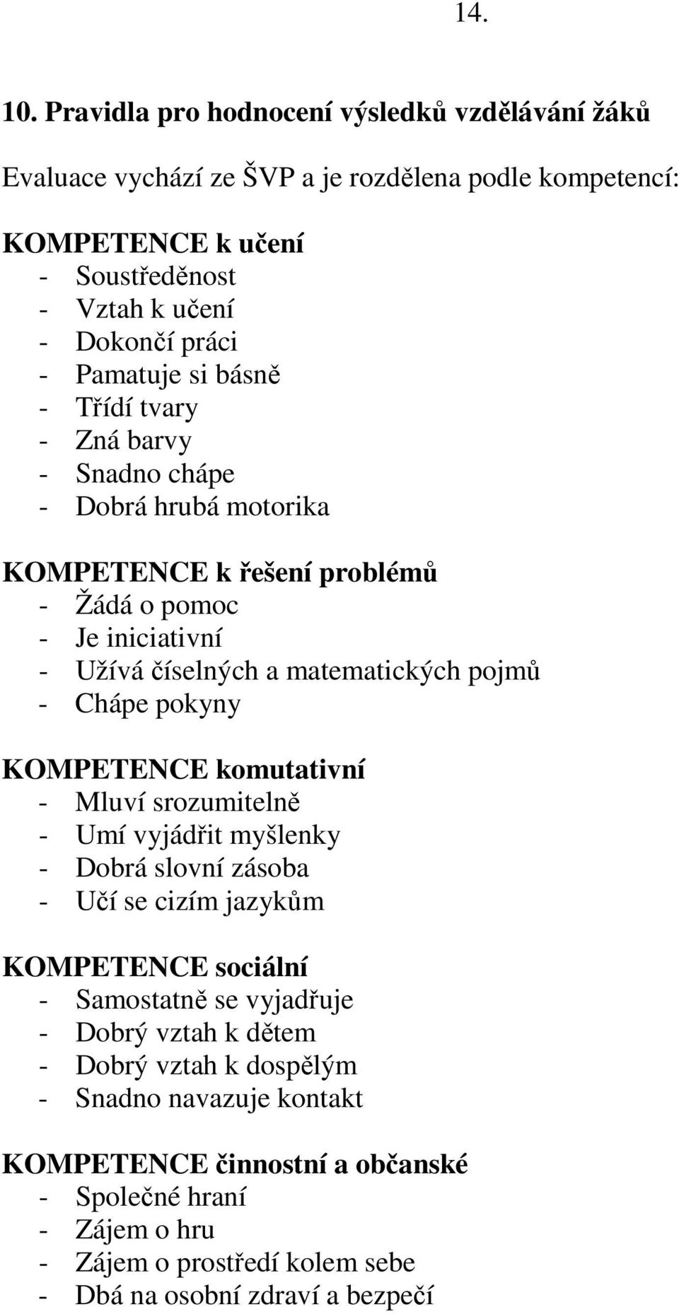 si básně - Třídí tvary - Zná barvy - Snadno chápe - Dobrá hrubá motorika KOMPETENCE k řešení problémů - Žádá o pomoc - Je iniciativní - Užívá číselných a matematických pojmů - Chápe