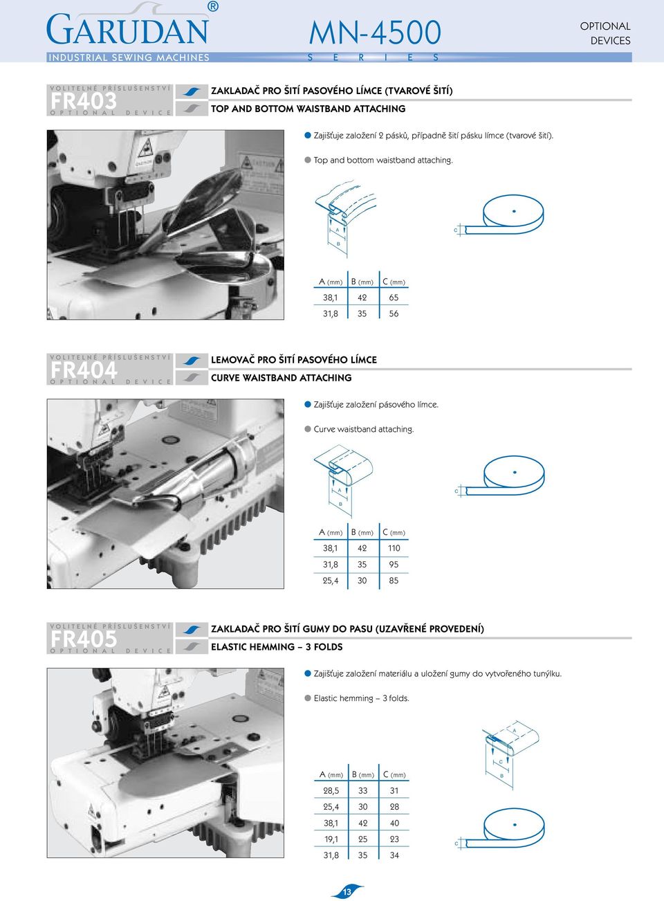 A C B A (mm) B (mm) C (mm) 38,1 42 65 31,8 35 56 FR404 V OLITELNÉ PŘÍSLUŠENSTVÍ O P T I O N A L D E V I C E LEMOVAČ PRO ŠITÍ PASOVÉHO LÍMCE CURVE WAISTBAND ATTACHING Zajišťuje založení pásového límce.