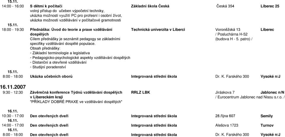 v počítačové gramotnosti  18:00-19:30 Přednáška: Úvod do teorie a praxe vzdělávání Technická univerzita v Liberci Voroněžská 13 Liberec dospělých / Posluchárna H-52 Cílem přednášky je seznámit