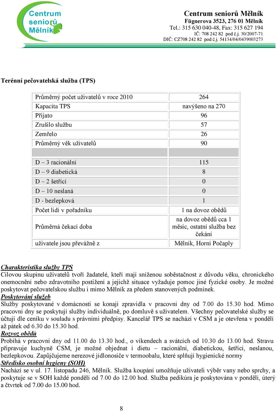 služba bez čekání, Horní Počaply Charakteristika služby TPS Cílovou skupinu uživatelů tvoří žadatelé, kteří mají sníženou soběstačnost z důvodu věku, chronického onemocnění nebo zdravotního postižení