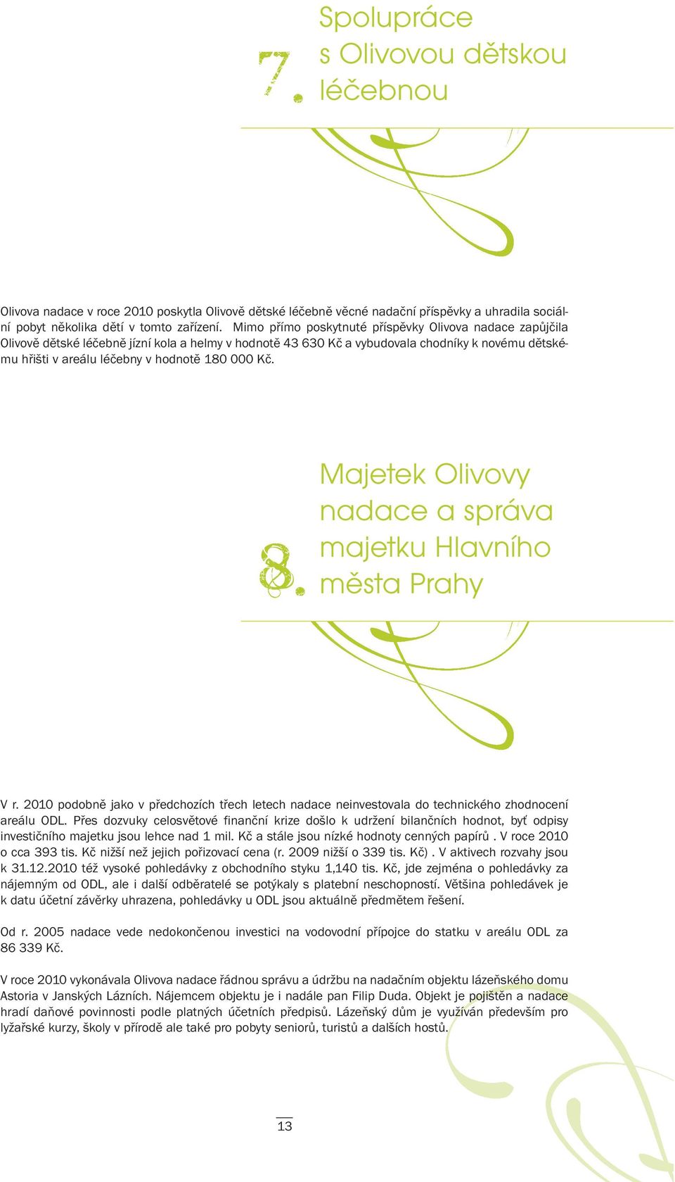 000 Kč. 8. Majetek Olivovy nadace a správa majetku Hlavního města Prahy V r. 2010 podobně jako v předchozích třech letech nadace neinvestovala do technického zhodnocení areálu ODL.