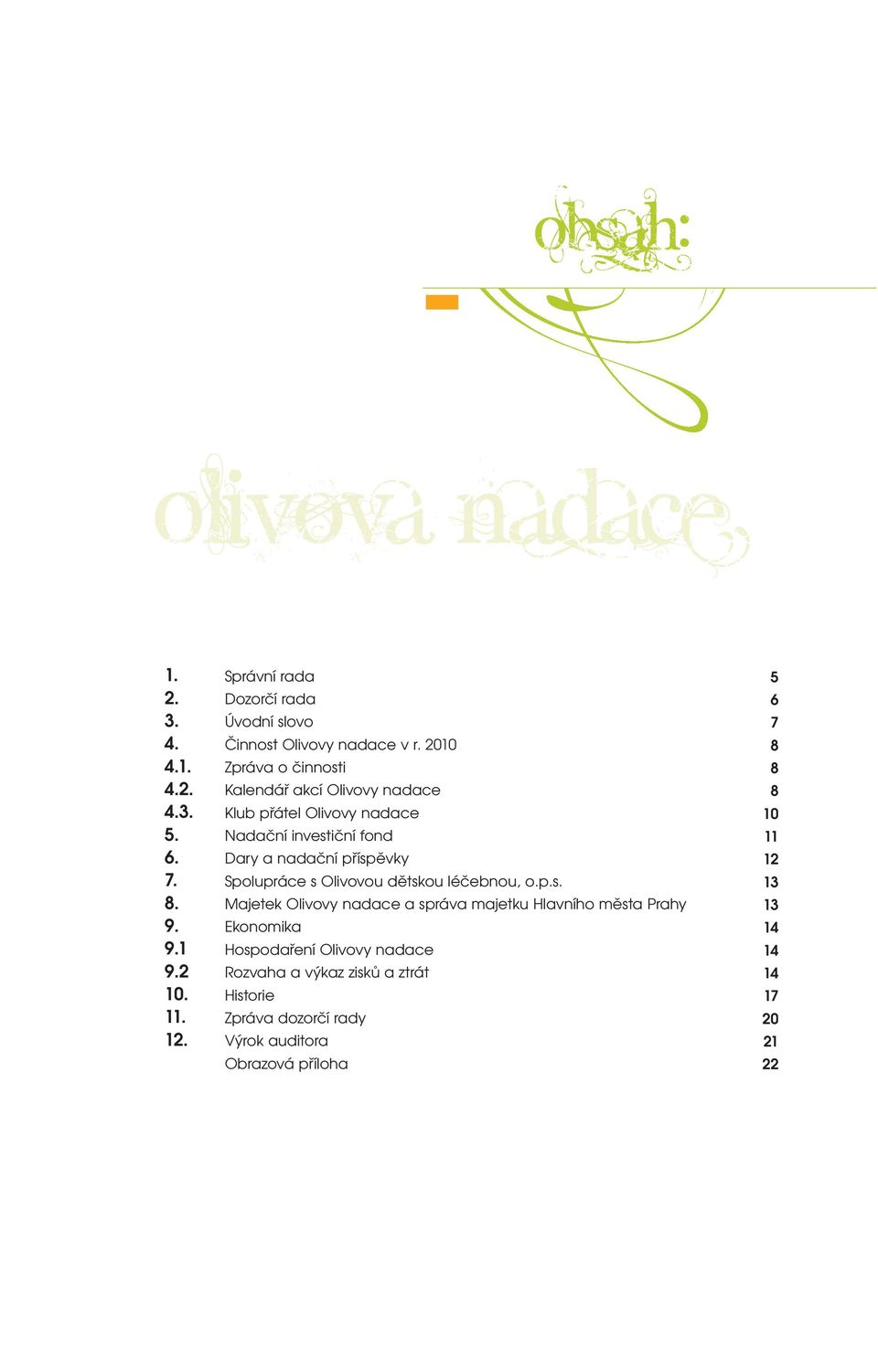 2010 Zpráva o činnosti Kalendář akcí Olivovy nadace Klub přátel Olivovy nadace Nadační investiční fond Dary a nadační příspěvky Spolupráce s