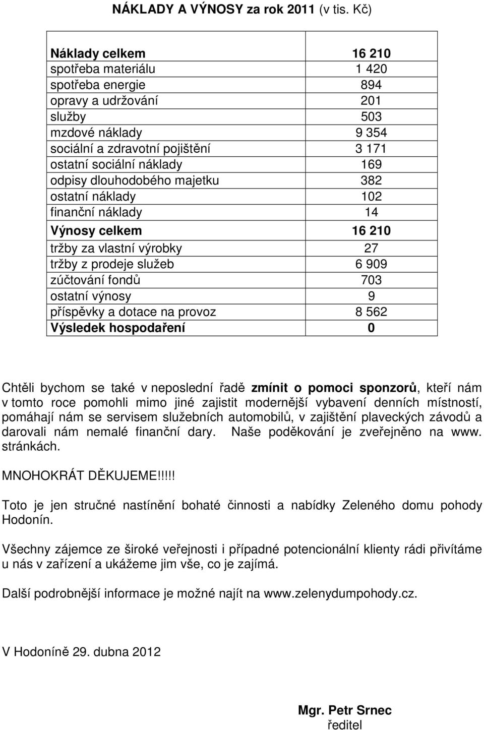 dlouhodobého majetku 382 ostatní náklady 102 finanční náklady 14 Výnosy celkem 16 210 tržby za vlastní výrobky 27 tržby z prodeje služeb 6 909 zúčtování fondů 703 ostatní výnosy 9 příspěvky a dotace