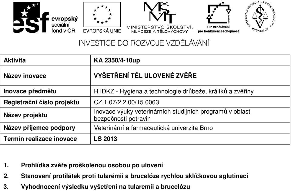 0063 Inovace výuky veterinárních studijních programů v oblasti bezpečnosti potravin Veterinární a farmaceutická univerzita Brno Termín