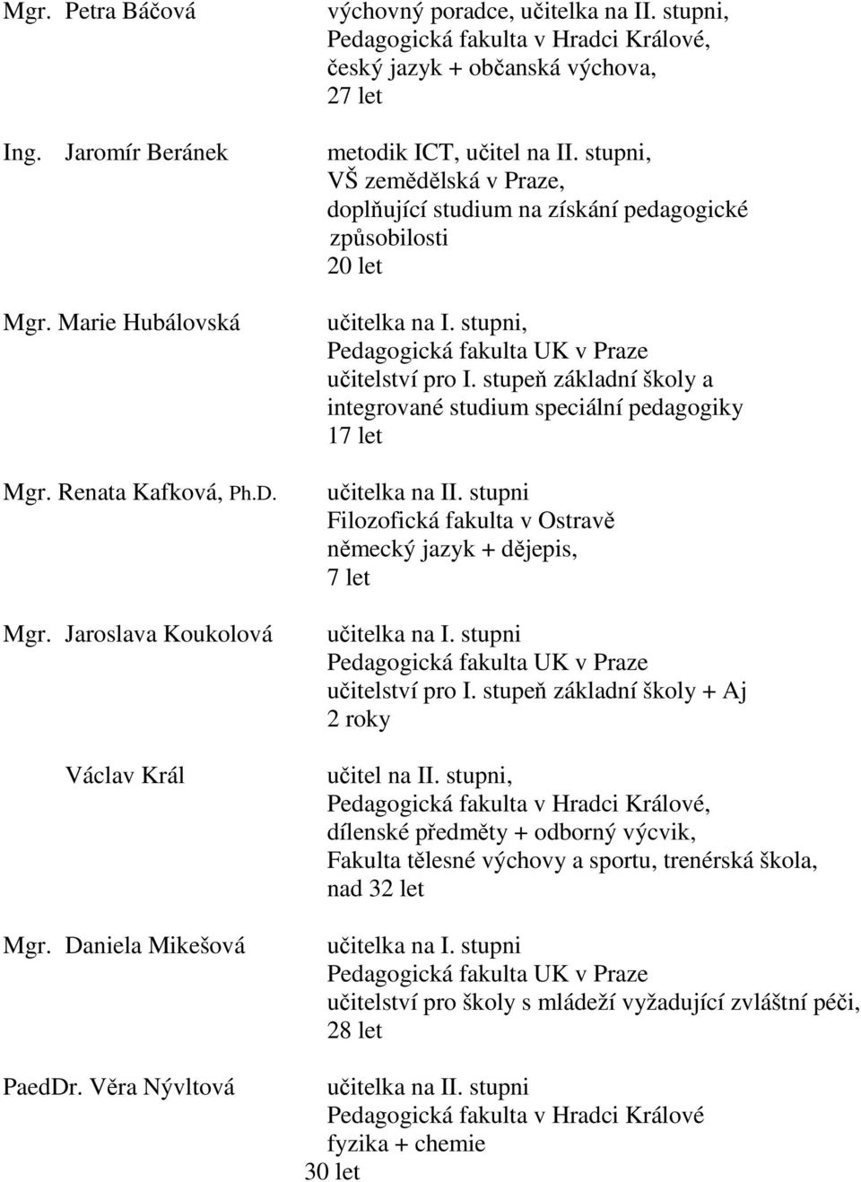 stupni, VŠ zemědělská v Praze, doplňující studium na získání pedagogické způsobilosti 20 let učitelka na I. stupni, Pedagogická fakulta UK v Praze učitelství pro I.