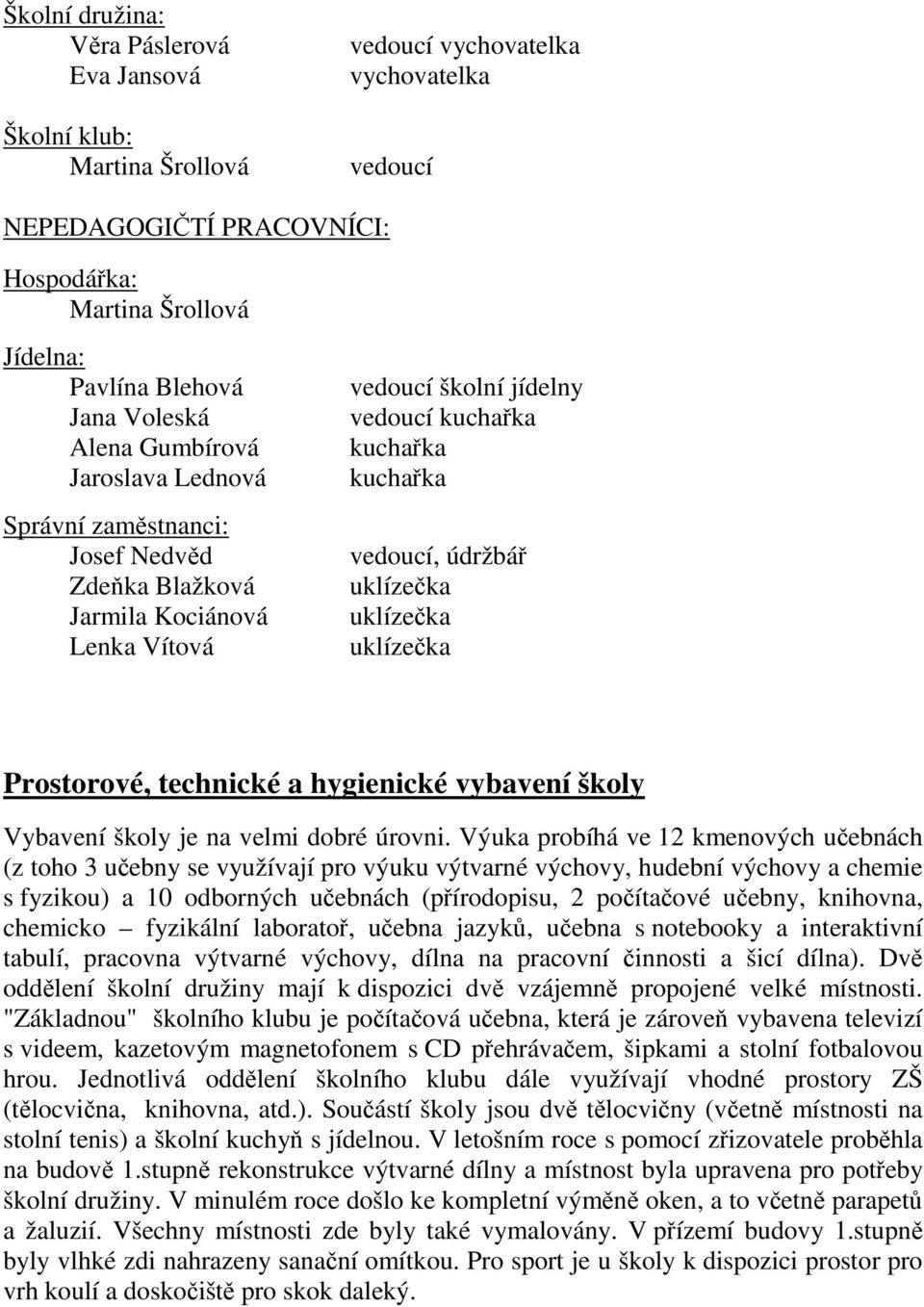 uklízečka uklízečka uklízečka Prostorové, technické a hygienické vybavení školy Vybavení školy je na velmi dobré úrovni.