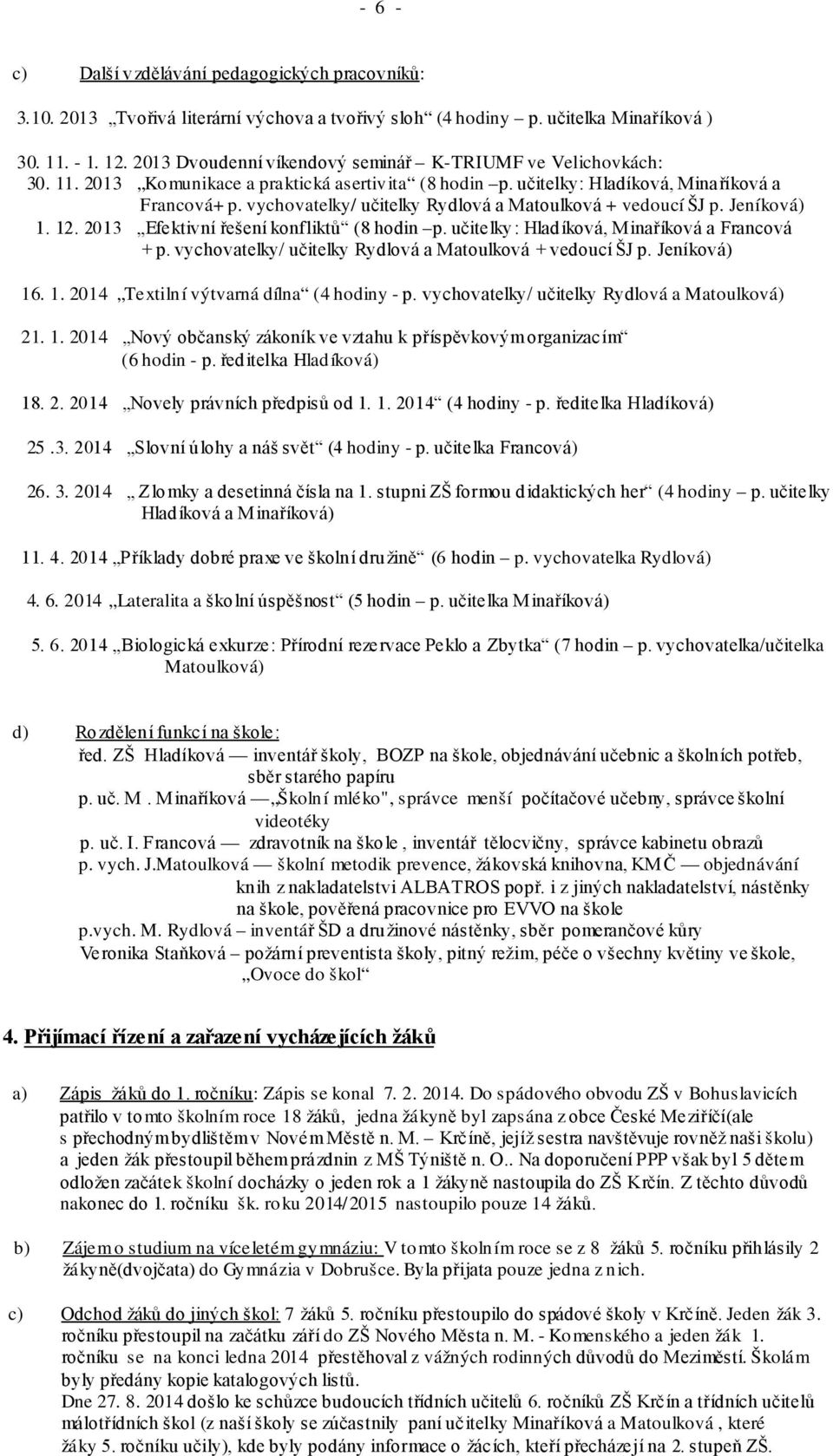 vychovatelky/ učitelky Rydlová a Matoulková + vedoucí ŠJ p. Jeníková) 1. 12. 2013 Efektivní řešení konfliktů (8 hodin p. učitelky: Hladíková, Minaříková a Francová + p.