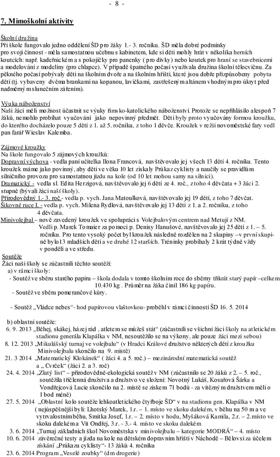 kadeřnickém a s pokojíčky pro panenky ( pro dívky) nebo koutek pro hraní se stavebnicemi a modelování z modelíny (pro chlapce). V případě špatného počasí využívala družina školní tělocvičnu.