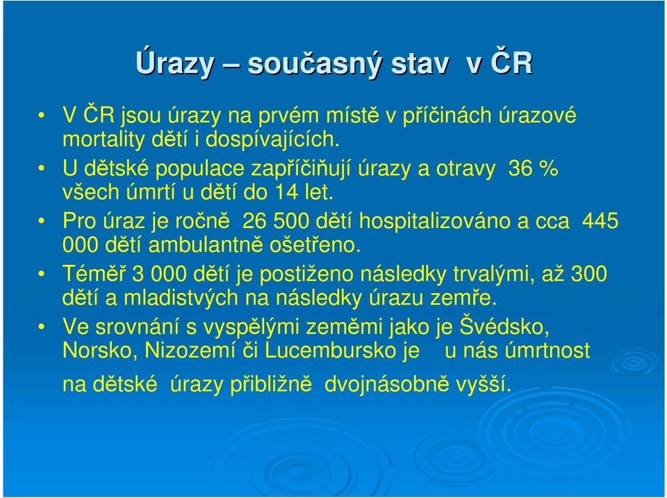 Pro úraz je ročně 26 500 dětí hospitalizováno a cca 445 000 dětí ambulantně ošetřeno.