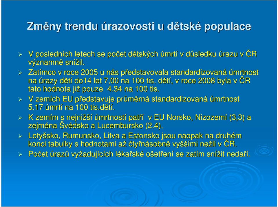 34 na 100 tis. V zemích EU představuje průměrná standardizovaná úmrtnost 5.17 úmrtí na 100 tis.dětí.