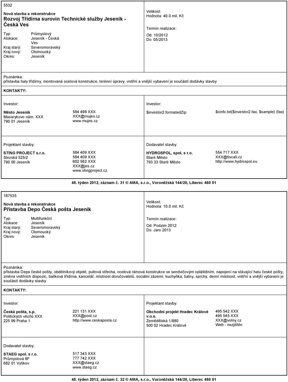 XXX 790 01 Jeseník 584 498 XXX XXX@mujes.cz www.mujes.cz $investor2.formatedzip $cinfo.tel($investor2.fax, $sample) (fax) STING PROJECT s.r.o. Slezská 525/2 790 00 Jeseník 584 409 XXX 584 409 XXX 602 562 XXX XXX@jes.