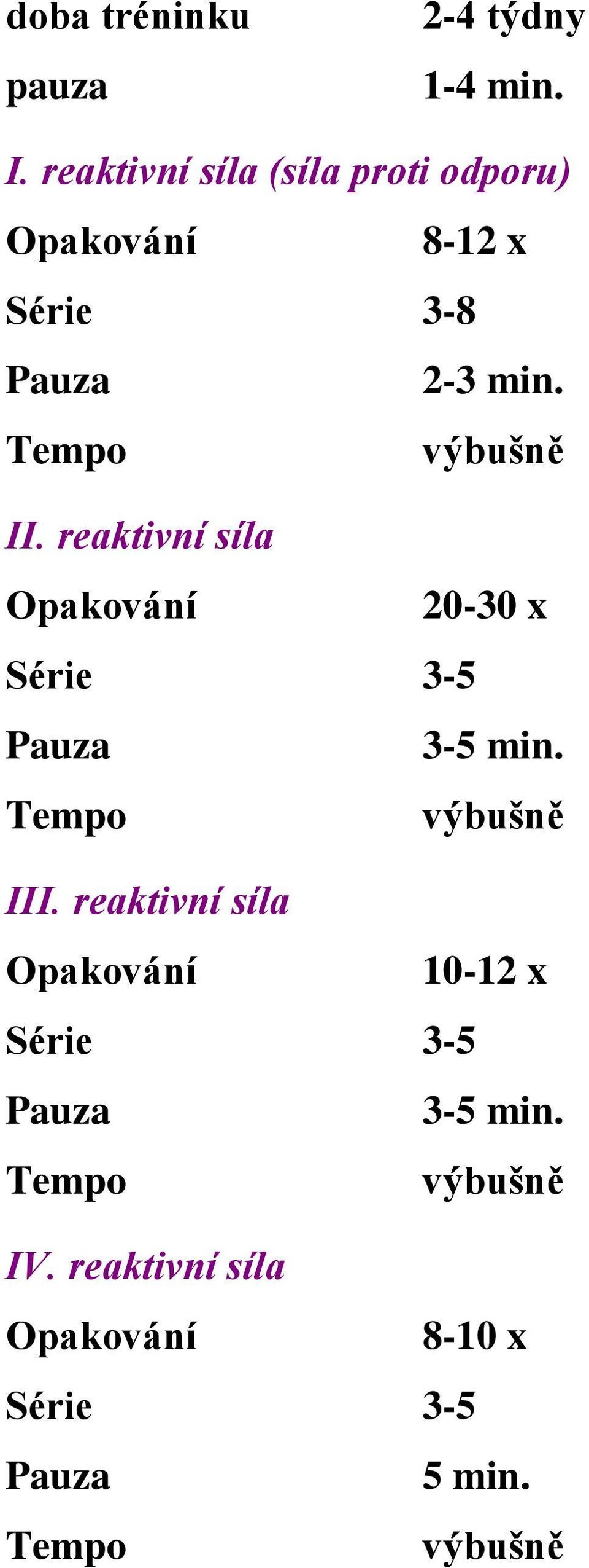 Tempo výbušně II. reaktivní síla Opakování 20-30 x Série 3-5 3-5 min.