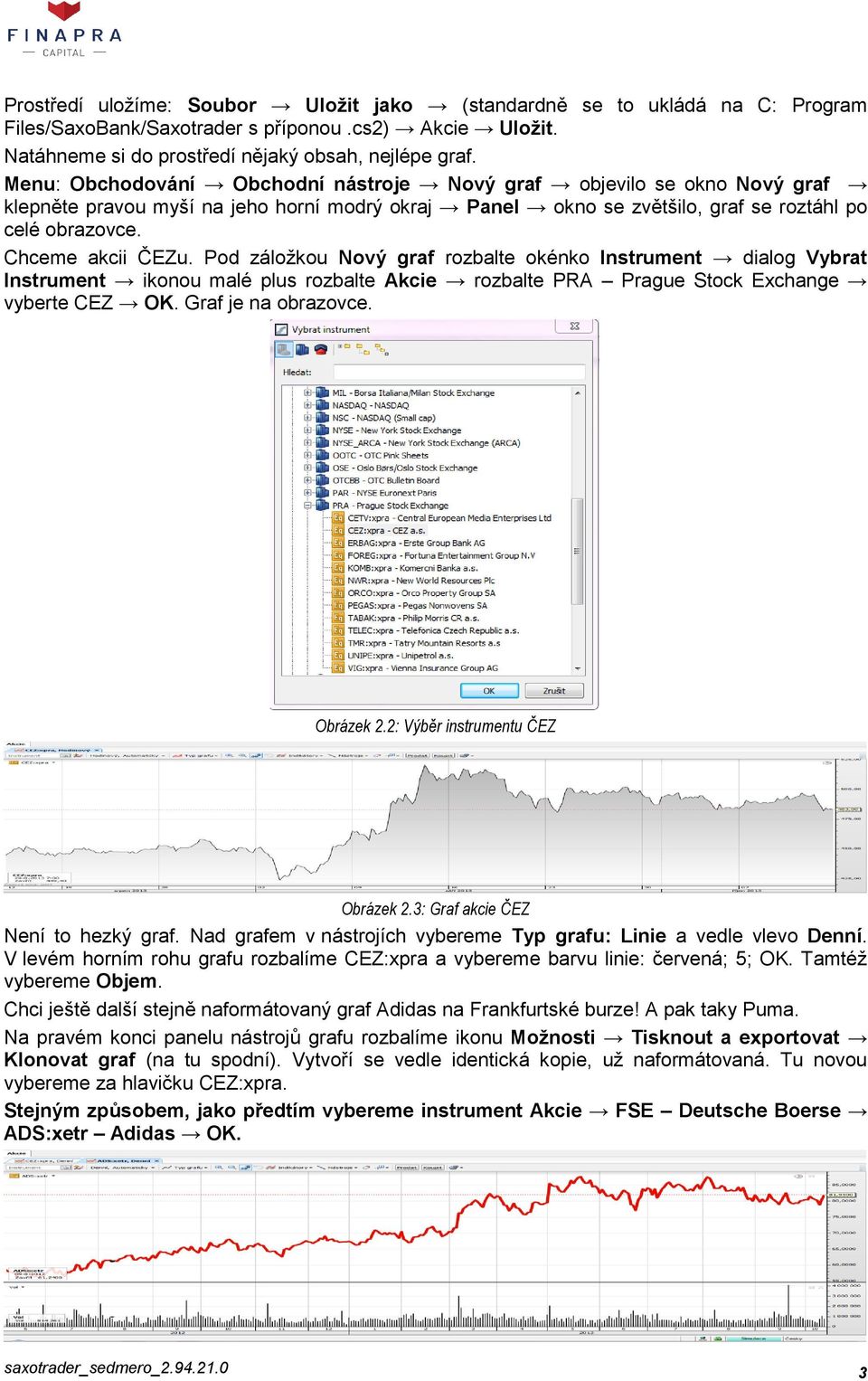 Pod záložkou Nový graf rozbalte okénko Instrument dialog Vybrat Instrument ikonou malé plus rozbalte Akcie rozbalte PRA Prague Stock Exchange vyberte CEZ OK. Graf je na obrazovce. Obrázek 2.