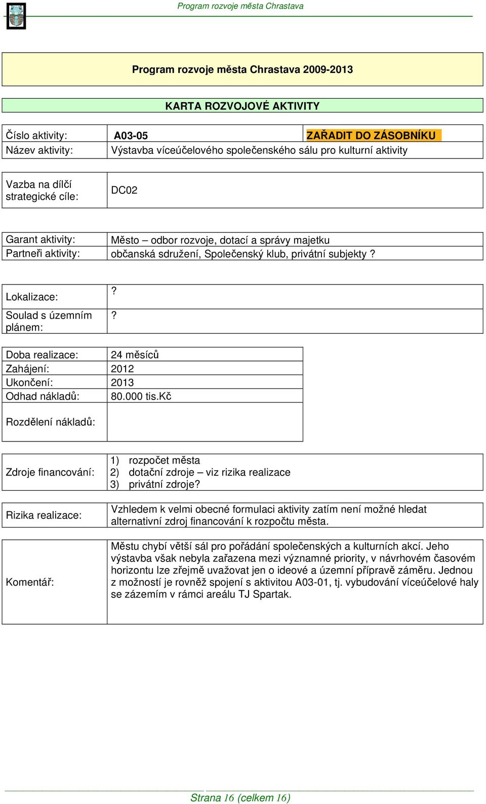 Vzhledem k velmi obecné formulaci aktivity zatím není možné hledat alternativní zdroj financování k rozpočtu města. Městu chybí větší sál pro pořádání společenských a kulturních akcí.