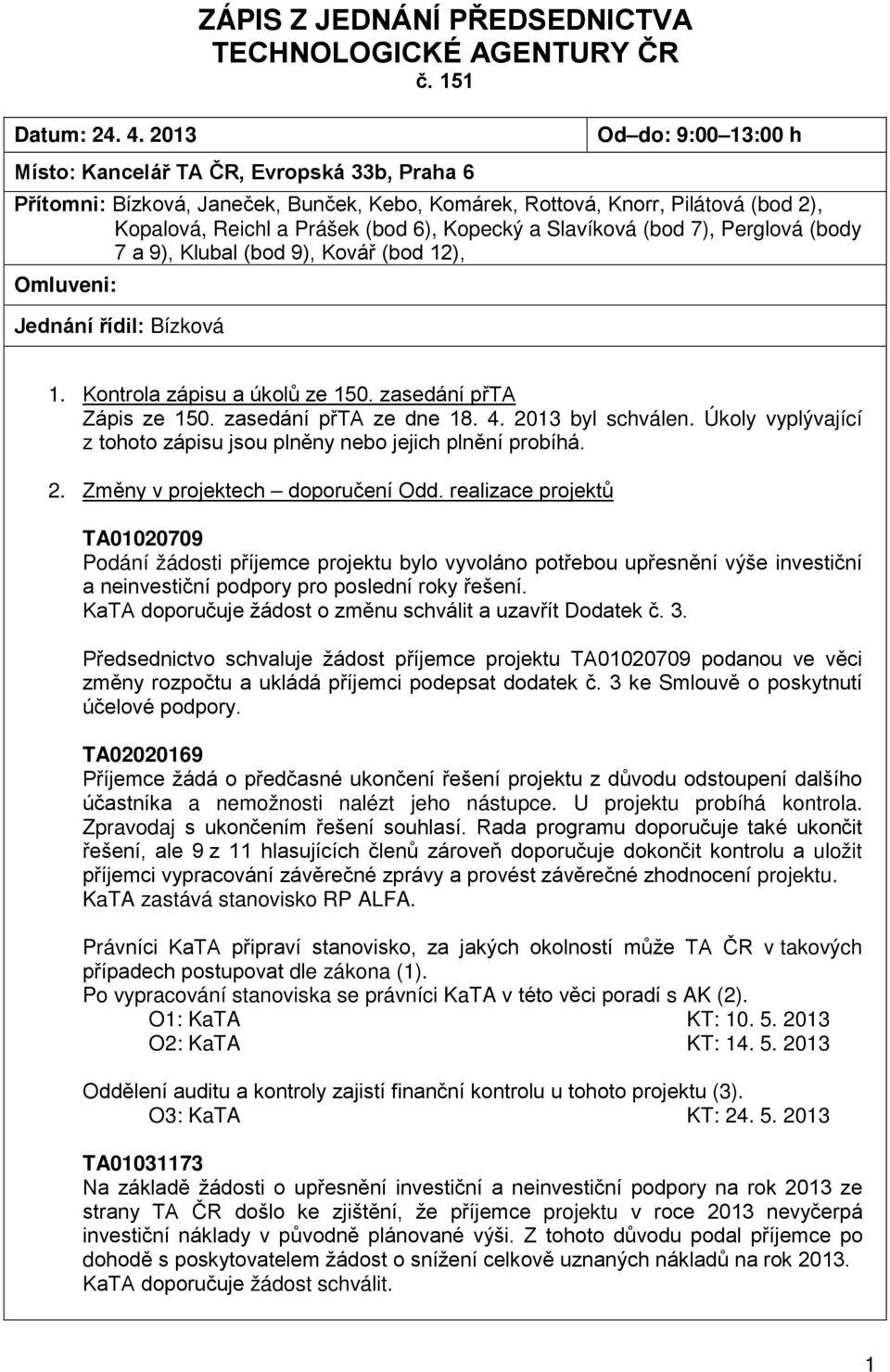 Slavíková (bod 7), Perglová (body 7 a 9), Klubal (bod 9), Kovář (bod 12), Omluveni: Jednání řídil: Bízková 1. Kontrola zápisu a úkolů ze 150. zasedání přta Zápis ze 150. zasedání přta ze dne 18. 4.