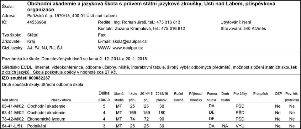 oaulpar.cz Poznámka ke škole: Den otevřených dveří se koná 2. 12. 2014 a 20. 1. 2015.