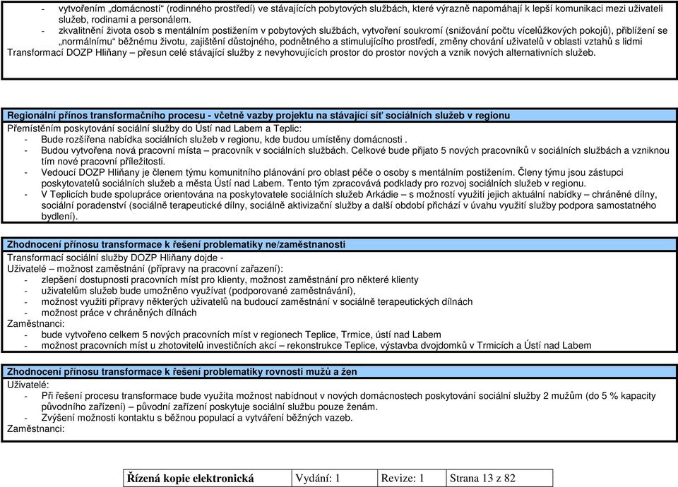 podnětného a stimulujícího prostředí, změny chování uživatelů v oblasti vztahů s lidmi Transformací DOZP Hliňany přesun celé stávající služby z nevyhovujících prostor do prostor nových a vznik nových