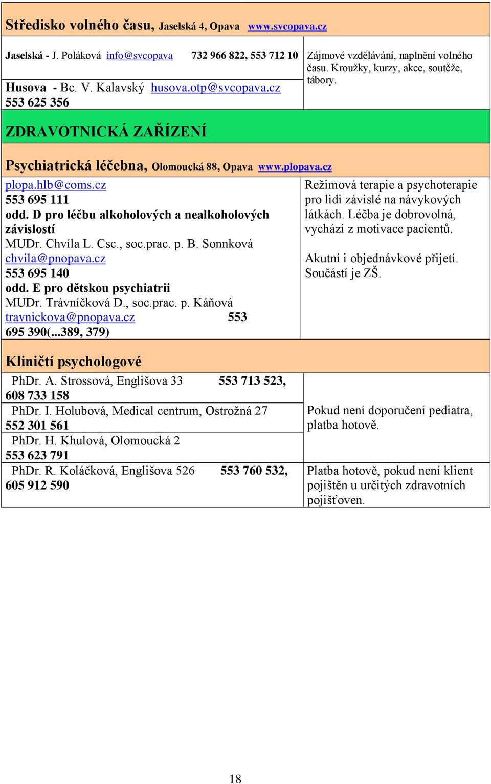 Csc., soc.prac. p. B. Sonnková chvila@pnopava.cz 553 695 140 odd. E pro dětskou psychiatrii MUDr. Trávníčková D., soc.prac. p. Káňová travnickova@pnopava.cz 553 695 390(.