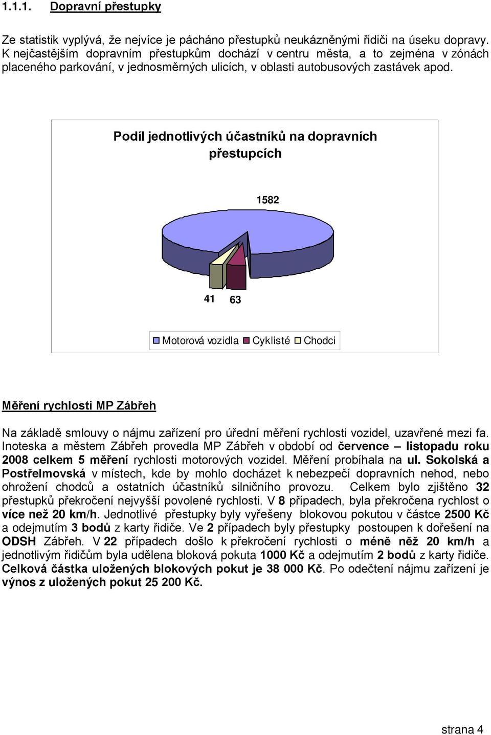 Podíl jednotlivých účastníků na dopravních přestupcích 1582 41 63 Motorová vozidla Cyklisté Chodci Měření rychlosti MP Zábřeh Na základě smlouvy o nájmu zařízení pro úřední měření rychlosti vozidel,