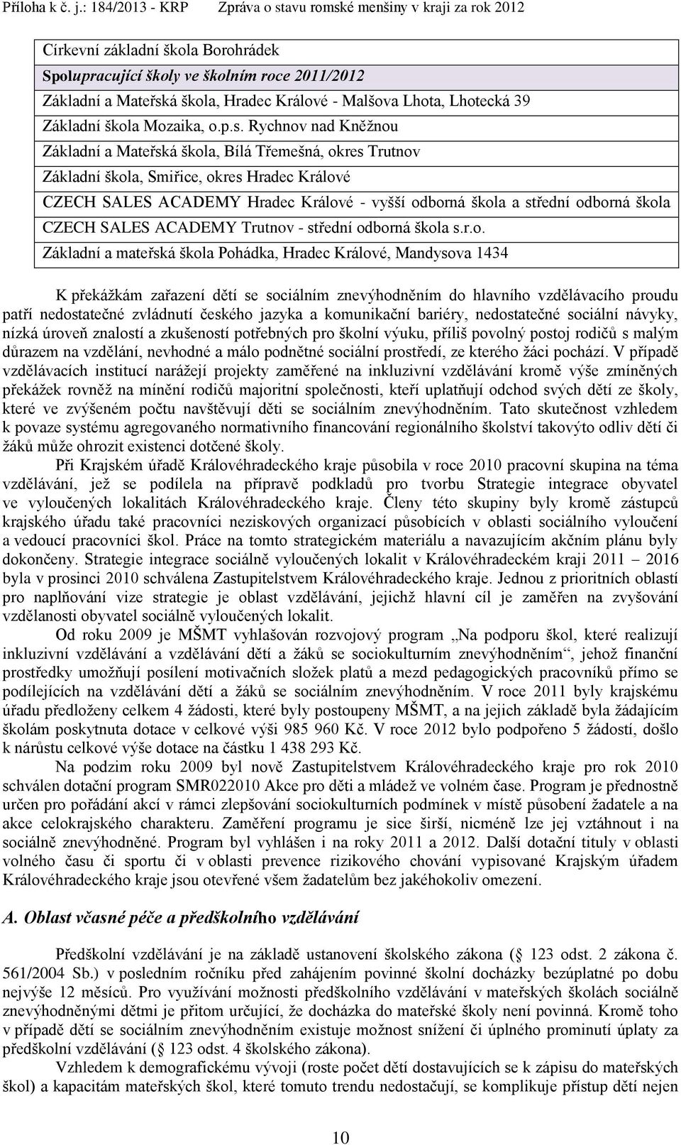 Rychnov nad Kněžnou Základní a Mateřská škola, Bílá Třemešná, okres Trutnov Základní škola, Smiřice, okres Hradec Králové CZECH SALES ACADEMY Hradec Králové - vyšší odborná škola a střední odborná