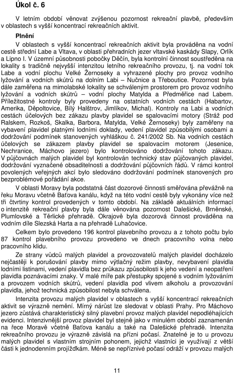 V územní působnosti pobočky Děčín, byla kontrolní činnost soustředěna na lokality s tradičně nejvyšší intenzitou letního rekreačního provozu, tj.