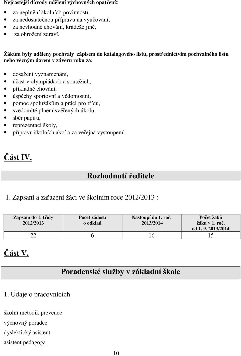 chování, úspěchy sportovní a vědomostní, pomoc spolužákům a práci pro třídu, svědomité plnění svěřených úkolů, sběr papíru, reprezentaci školy, přípravu školních akcí a za veřejná vystoupení. Část IV.