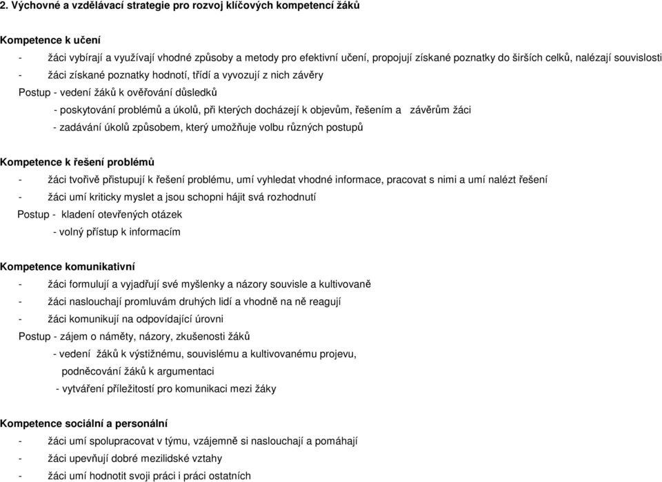 objevům, řešením a závěrům žáci - zadávání úkolů způsobem, který umožňuje volbu různých postupů Kompetence k řešení problémů - žáci tvořivě přistupují k řešení problému, umí vyhledat vhodné