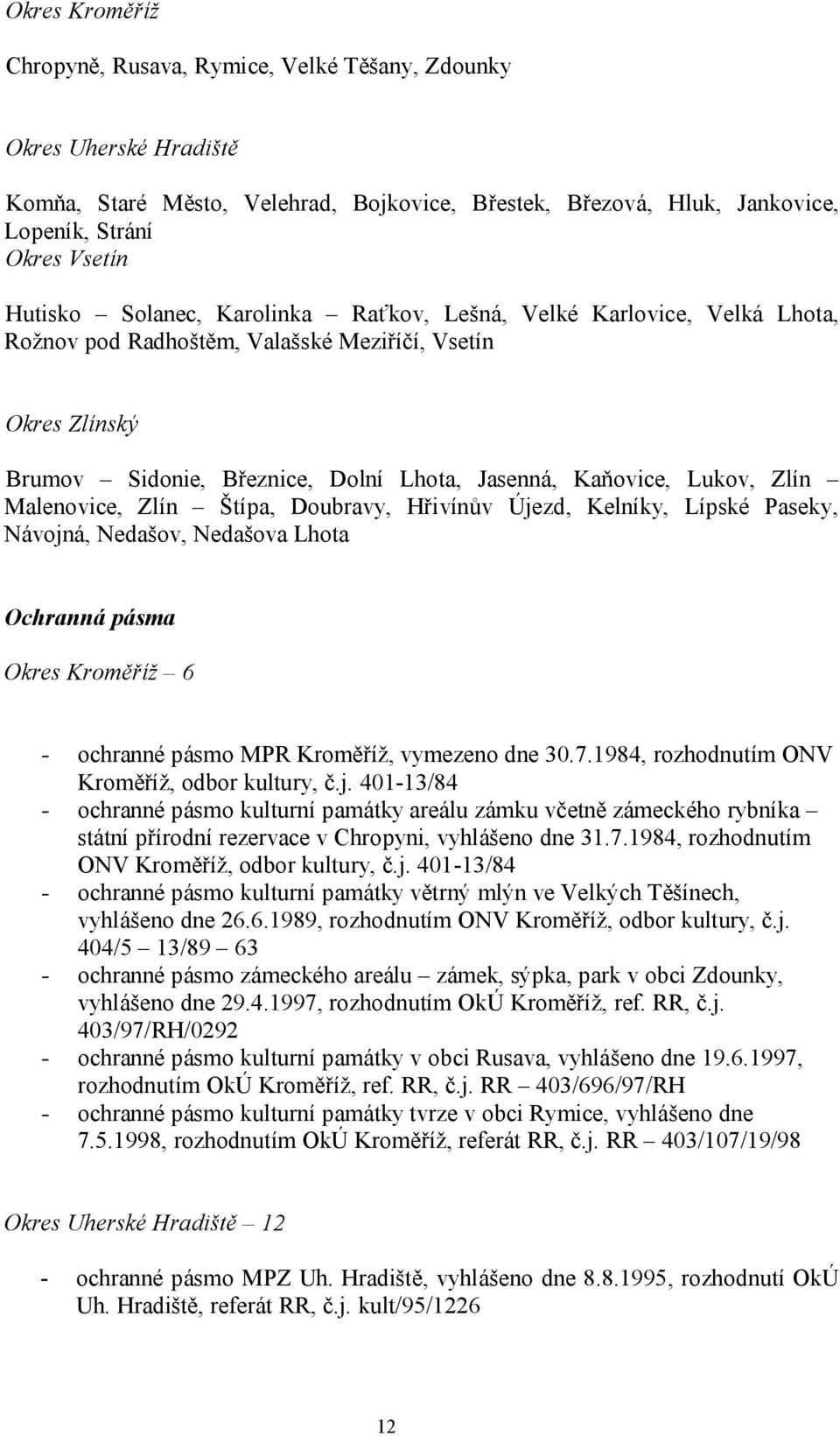 Malenovice, Zlín Štípa, Doubravy, Hřivínův Újezd, Kelníky, Lípské Paseky, Návojná, Nedašov, Nedašova Lhota Ochranná pásma Okres Kroměříž 6 - ochranné pásmo MPR Kroměříž, vymezeno dne 30.7.