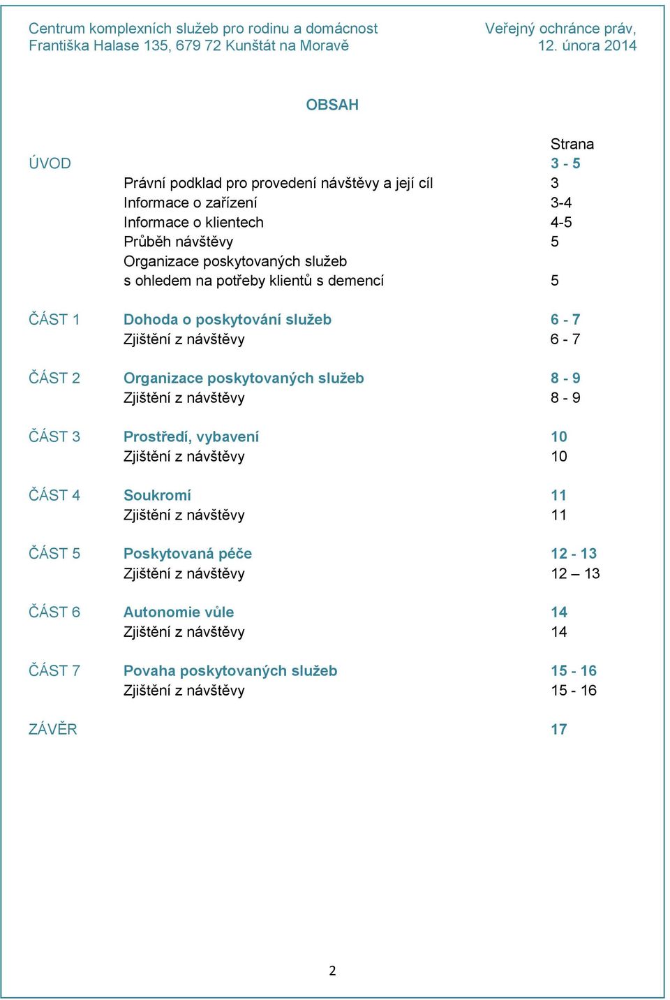 poskytovaných služeb 8-9 Zjištění z návštěvy 8-9 ČÁST 3 Prostředí, vybavení 10 Zjištění z návštěvy 10 ČÁST 4 Soukromí 11 Zjištění z návštěvy 11 ČÁST 5