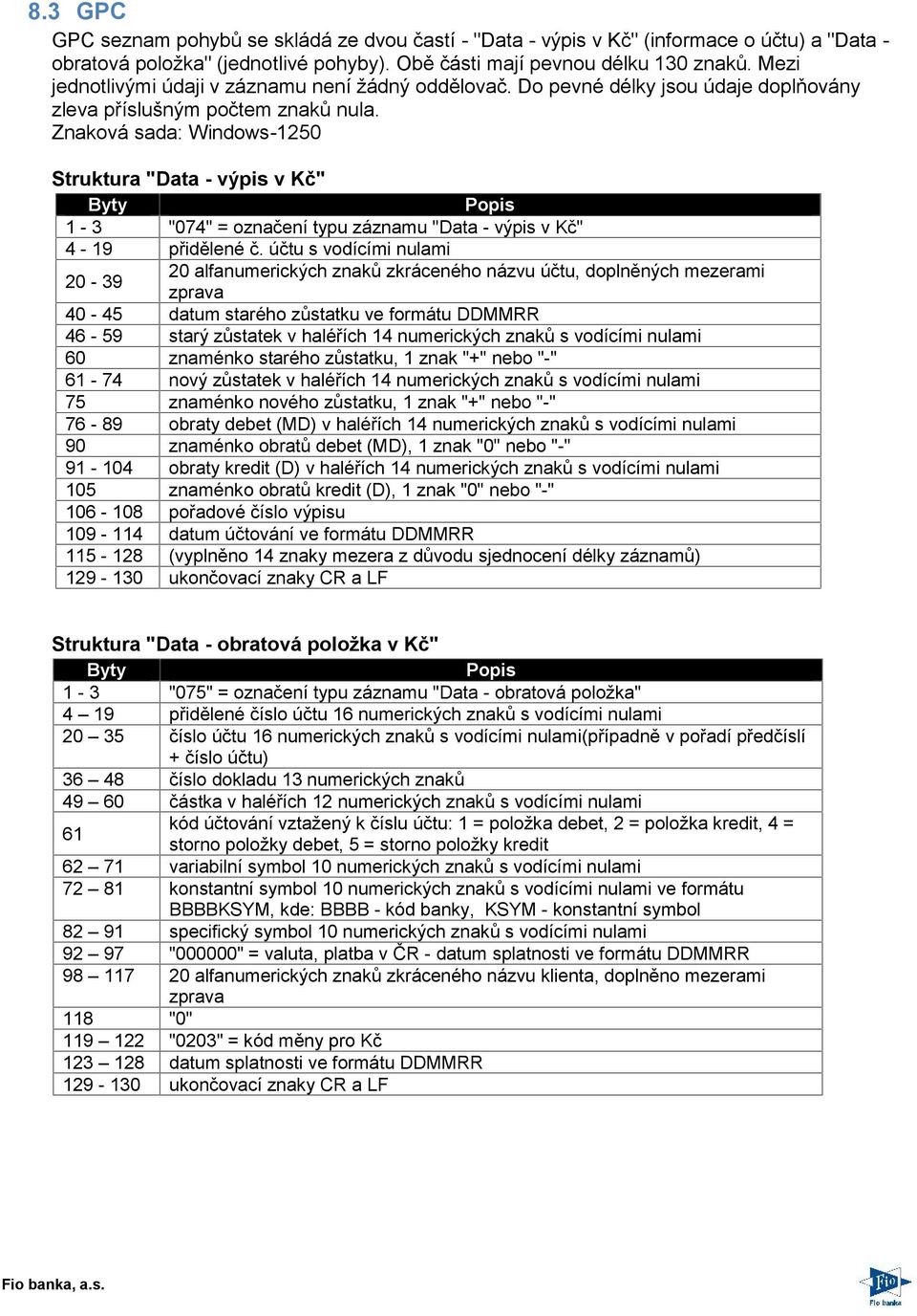 Znaková sada: Windows-1250 Struktura "Data - výpis v Kč" Byty Popis 1-3 "074" = označení typu záznamu "Data - výpis v Kč" 4-19 přidělené č.