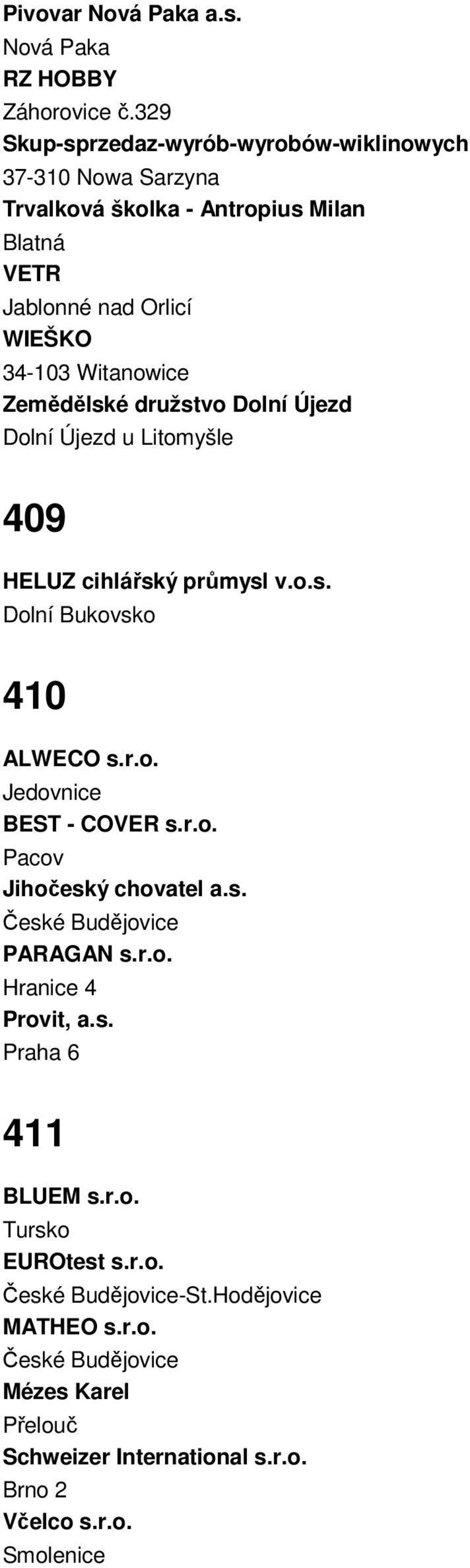 Witanowice Zemědělské družstvo Dolní Újezd Dolní Újezd u Litomyšle 409 HELUZ cihlářský průmysl v.o.s. Dolní Bukovsko 410 ALWECO s.r.o. Jedovnice BEST - COVER s.