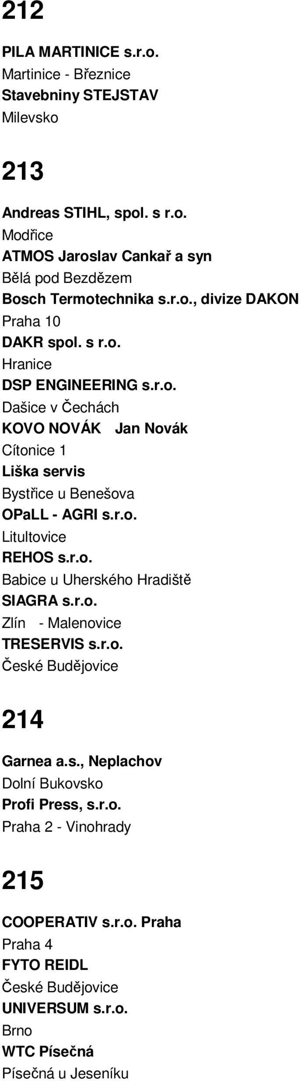 r.o. Litultovice REHOS s.r.o. Babice u Uherského Hradiště SIAGRA s.r.o. Zlín - Malenovice TRESERVIS s.r.o. 214 Garnea a.s., Neplachov Dolní Bukovsko Profi Press, s.