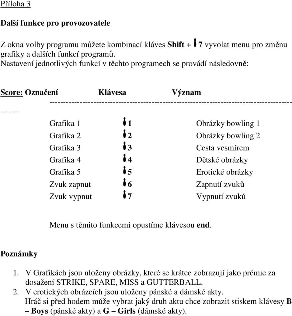 ------- Grafika 1 1 Obrázky bowling 1 Grafika 2 2 Obrázky bowling 2 Grafika 3 3 Cesta vesmírem Grafika 4 4 Dětské obrázky Grafika 5 5 Erotické obrázky Zvuk zapnut 6 Zapnutí zvuků Zvuk vypnut 7