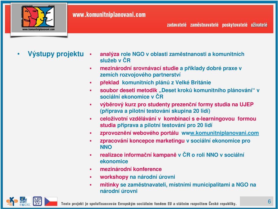 lidí) celoživotní vzdělávání v kombinaci s e-learningovou formou studia příprava a pilotní testování pro 20 lidí zprovoznění webového portálu www.komunitniplanovani.