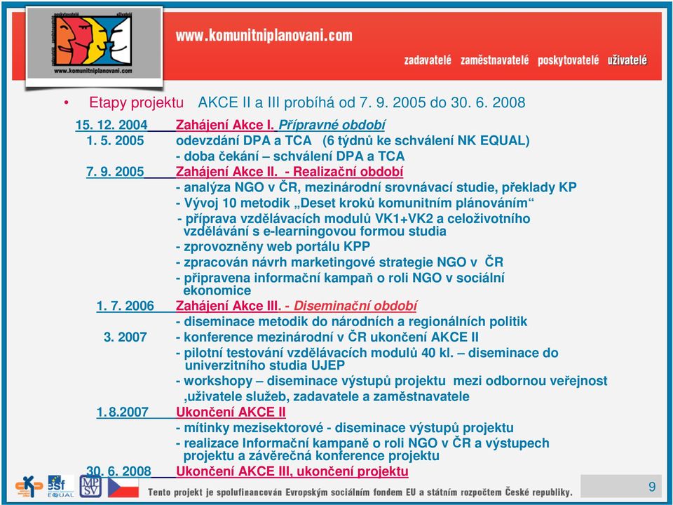 - Realizační období - analýza NGO v ČR, mezinárodní srovnávací studie, překlady KP - Vývoj 10 metodik Deset kroků komunitním plánováním - příprava vzdělávacích modulů VK1+VK2 a celoživotního