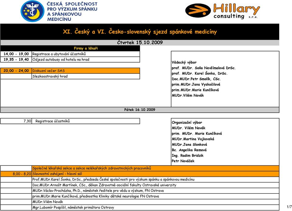 2009 7,30 Registrace účastníků Organizační výbor MUDr. Vilém Novák prim. MUDr. Marie Kunčíková MUDr.Martina Vojkovská MUDr.Jana Slonková Bc. Angelika Remová Ing.