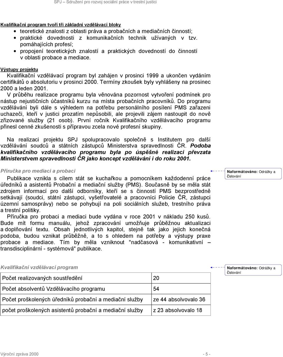 Výstupy projektu Kvalifikační vzdělávací program byl zahájen v prosinci 1999 a ukončen vydáním certifikátů o absolutoriu v prosinci 2000. Termíny zkoušek byly vyhlášeny na prosinec 2000 a leden 2001.