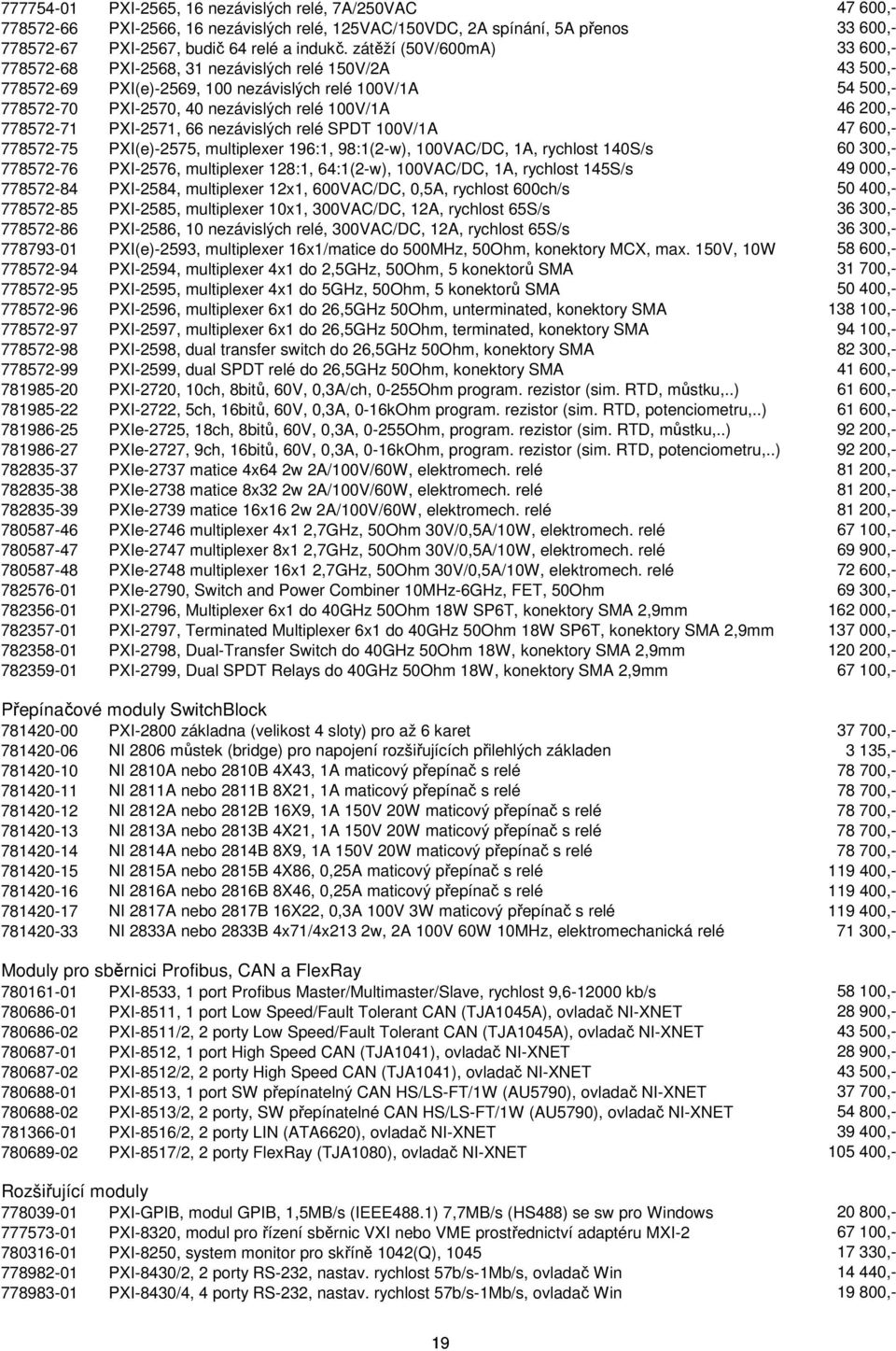200,- 778572-71 PXI-2571, 66 nezávislých relé SPDT 100V/1A 47 600,- 778572-75 PXI(e)-2575, multiplexer 196:1, 98:1(2-w), 100VAC/DC, 1A, rychlost 140S/s 60 300,- 778572-76 PXI-2576, multiplexer 128:1,